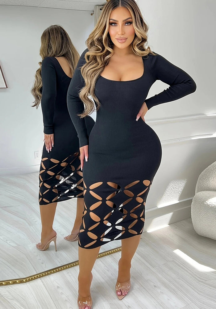 Ribbed Sexy Elastic Hollow Tight-Fitting Long Sleeve Bodycon Dress