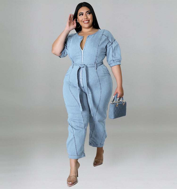Plus Size Women summer short-sleeved zipper Denim Jumpsuit 4