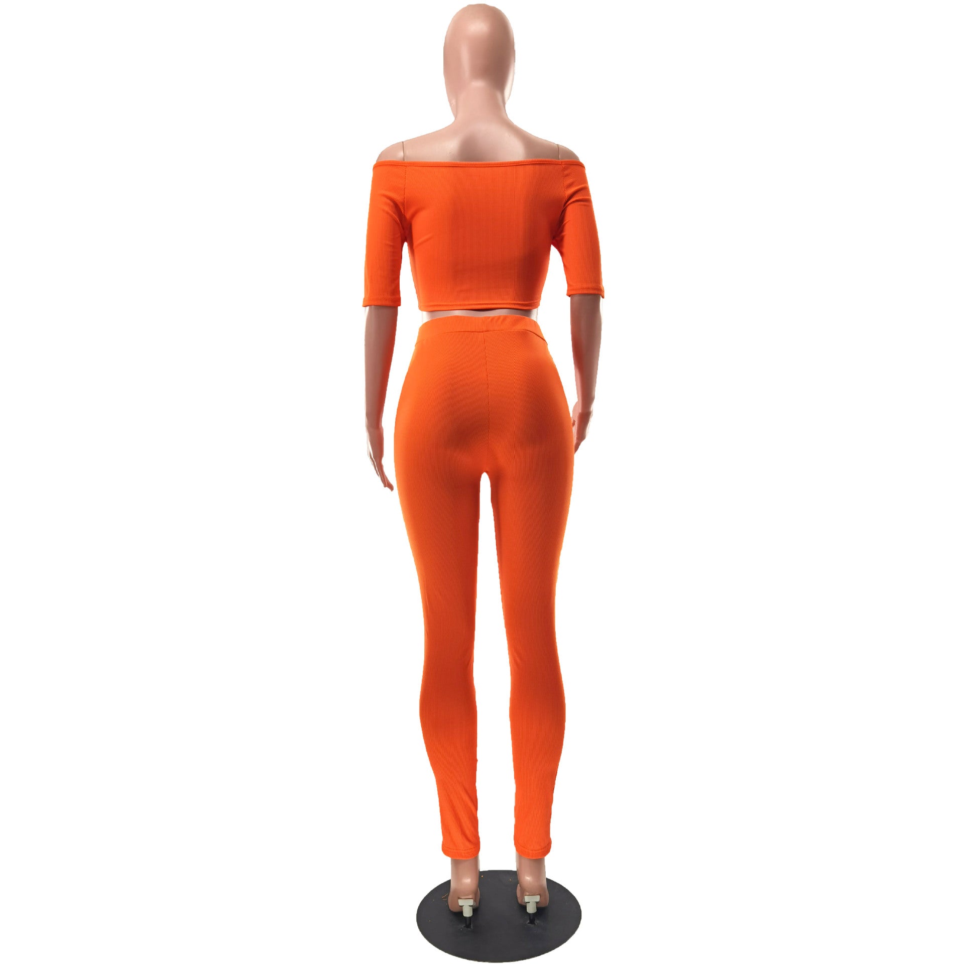 Women Summer Sexy Off Shoulder Short Sleeve Top and Button Pants Two-Piece Set 12