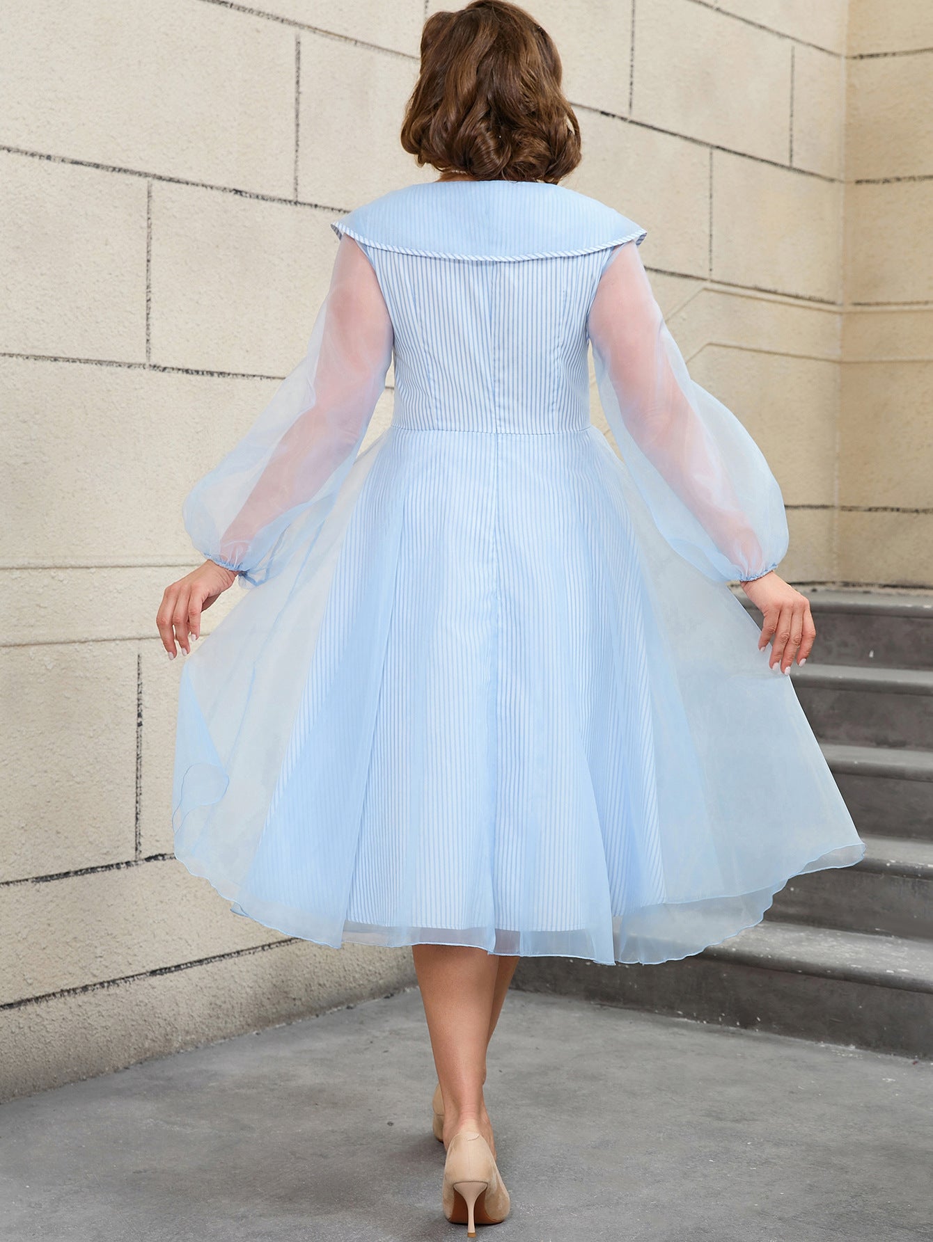 High-Waist Plus Size Women's Contrast Color Woven Striped Bubble Long-Sleeve A-Line Dress 3