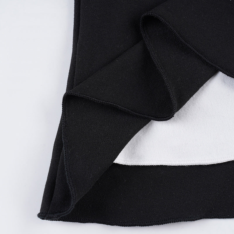 Black & White Contrast Fake Two-Piece Slim Waist Button-Down Long-Sleeve T-Shirt 28