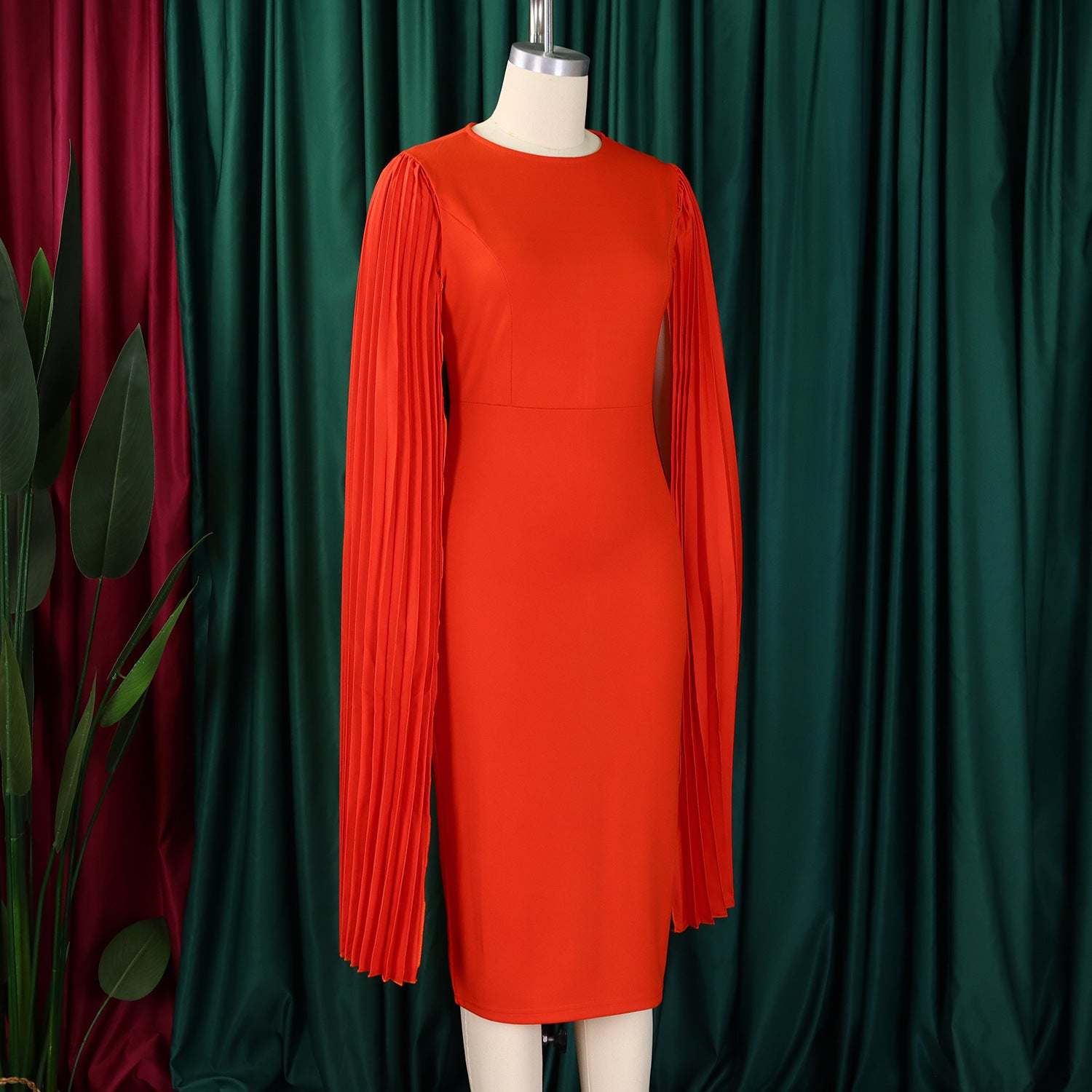 Women's Fashion Solid Color Round Neck Pleated Shawl Sleeve Formal Party Evening Dress 20