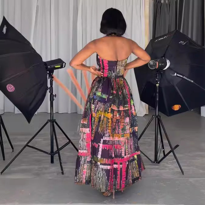 Women Printed Halter Neck Loose Dress 3