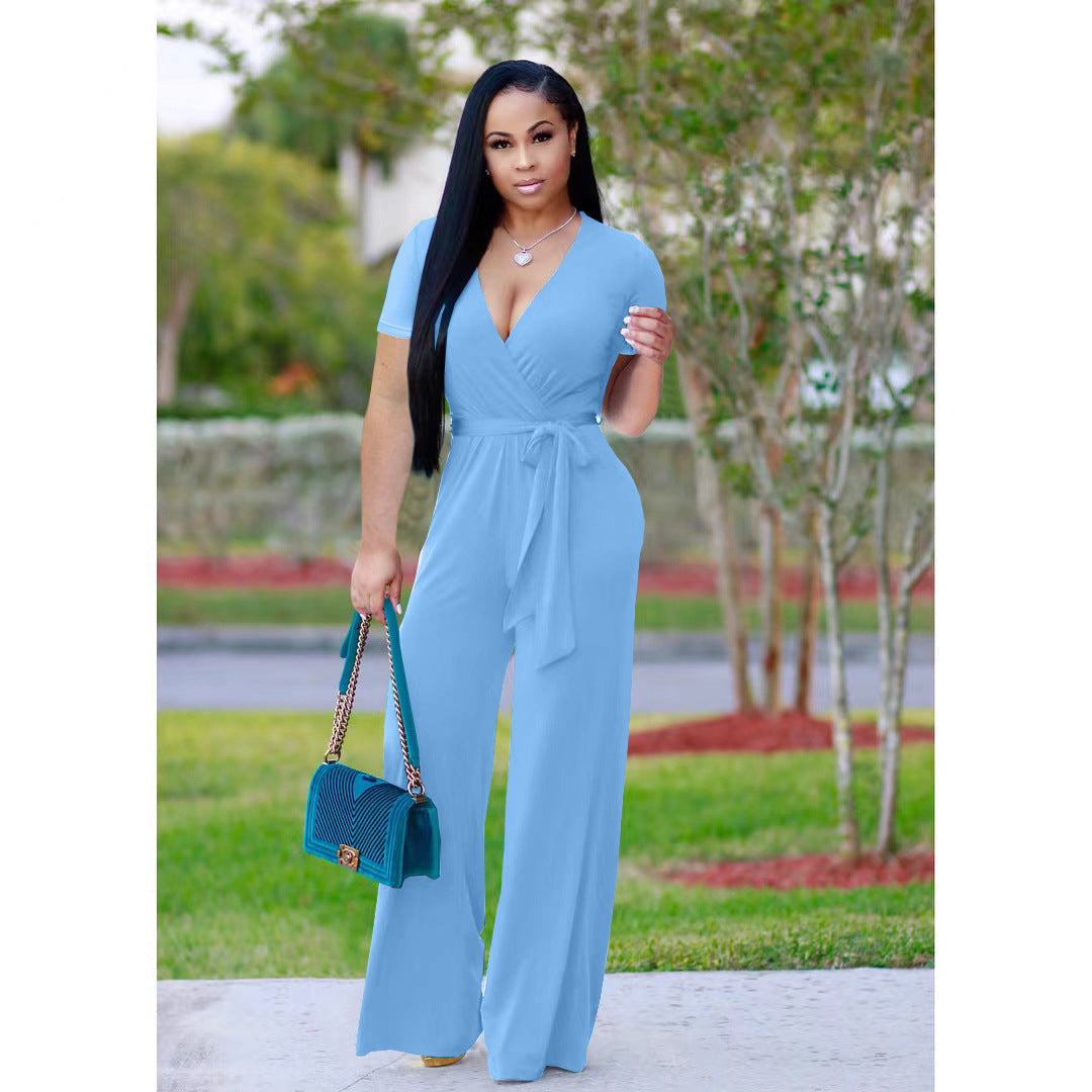 Summer Short Sleeve Wrap V-Neck Solid Loose Jumpsuit 9