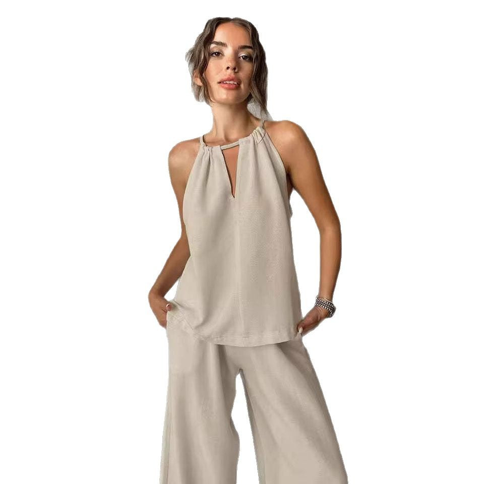 Women Summer Solid Lace-up Casual Top and Pant Two-piece Set 5