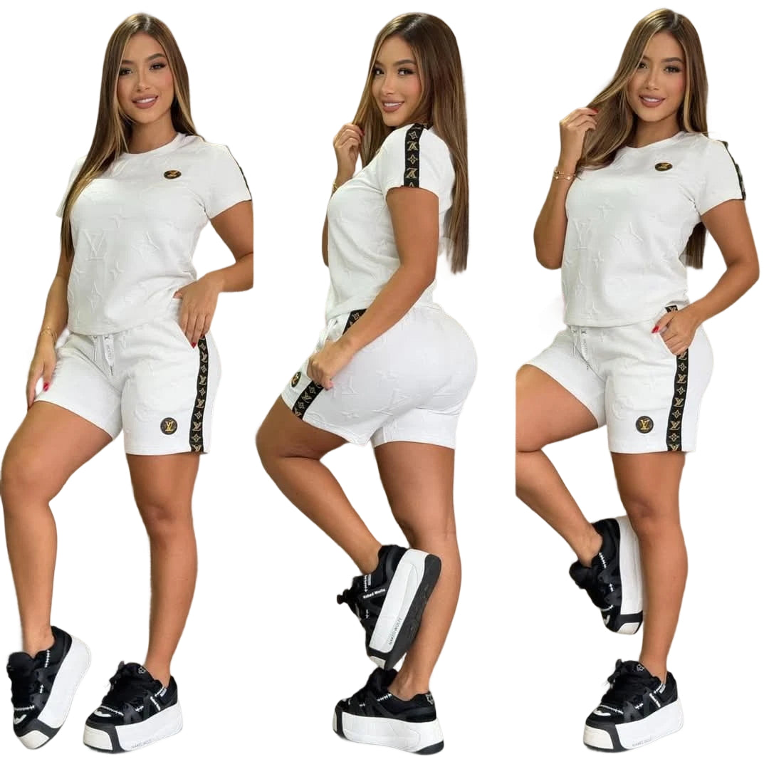 Women Jacquard Short Sleeve Top and Shorts Sports Two Piece Set 20