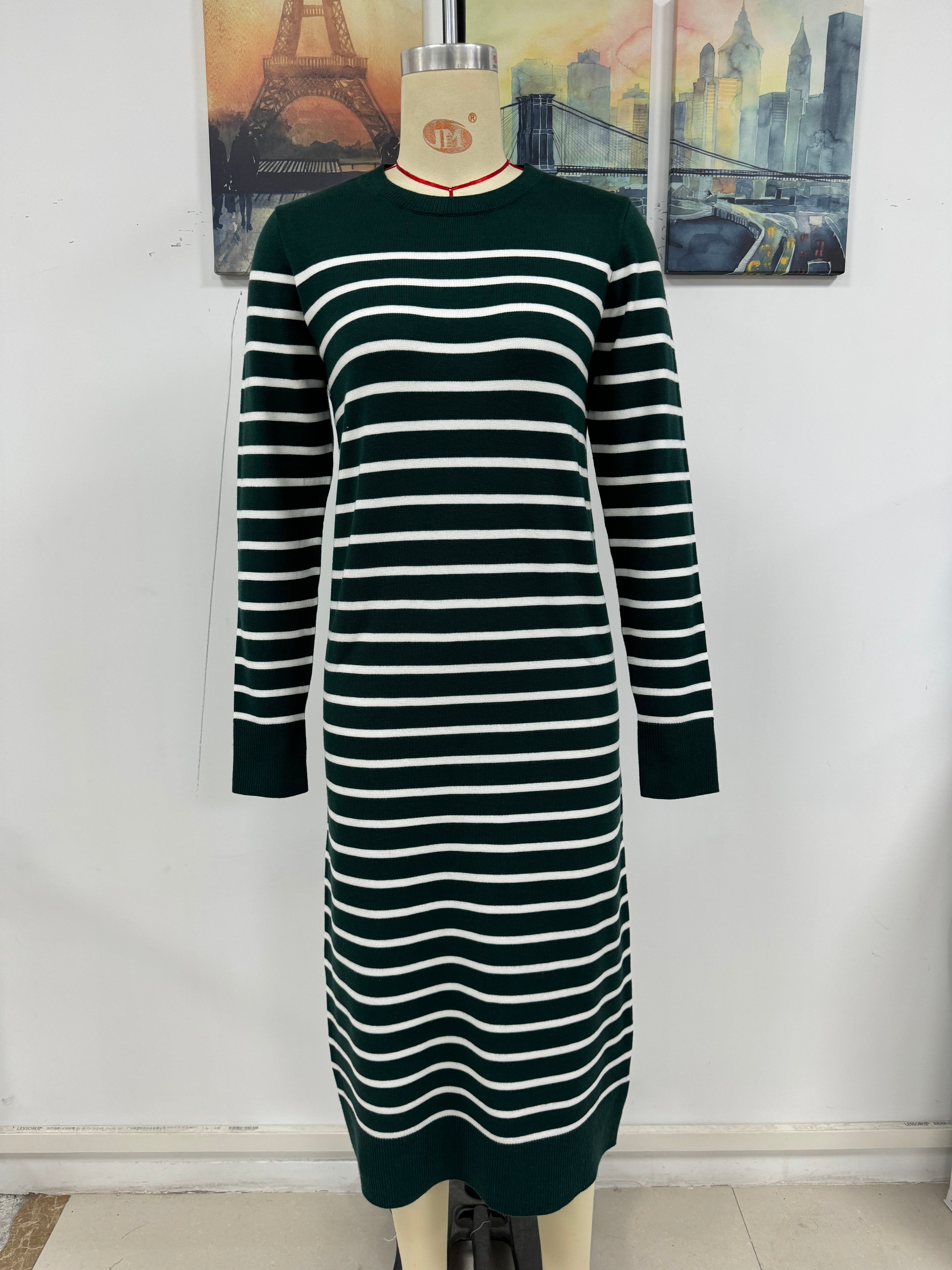 Fashion Autumn Winter Women Knitting Striped Casual Long Dress 7