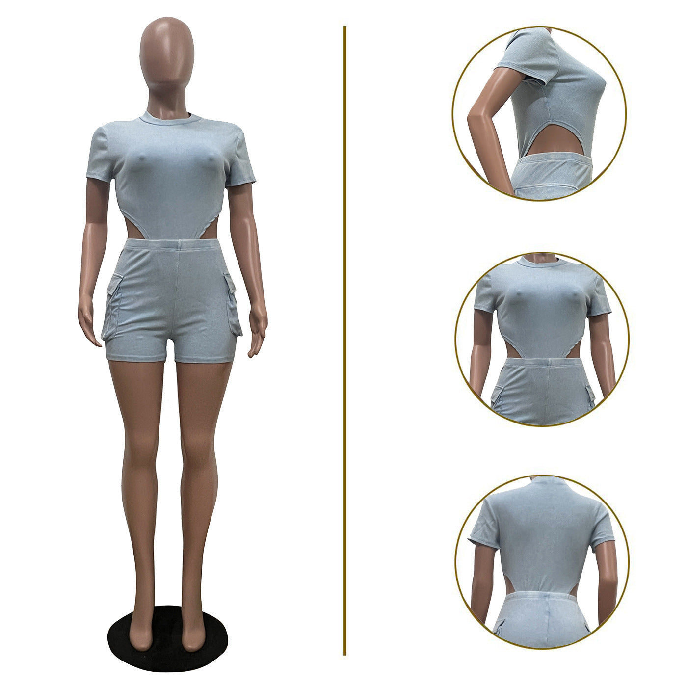 Women's Casual Solid Color  Short Sleeve Bodysuit Shorts Two Piece Set 23