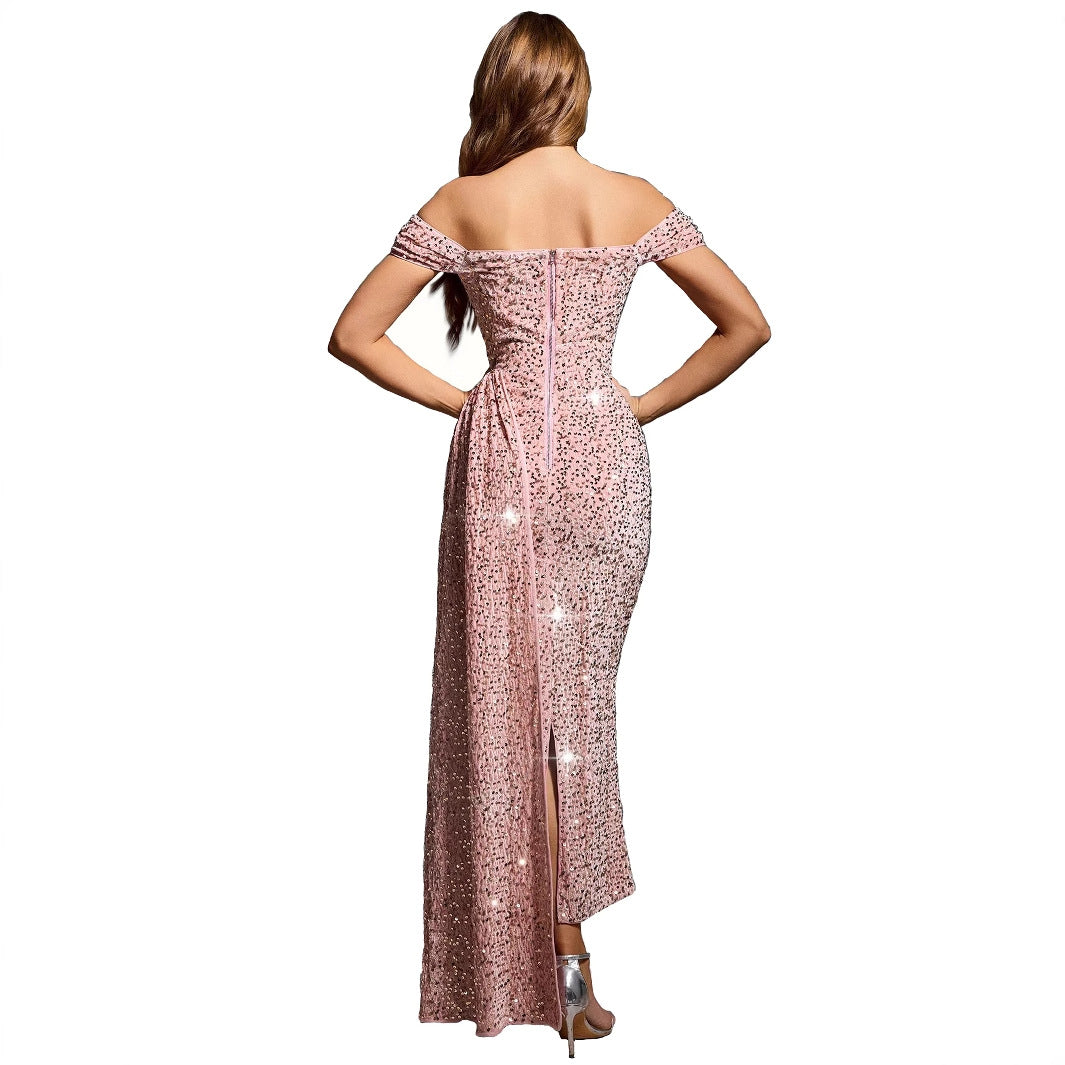 Women's Chic Sexy Sequin Off-Shoulder Solid Color Party Dress 5