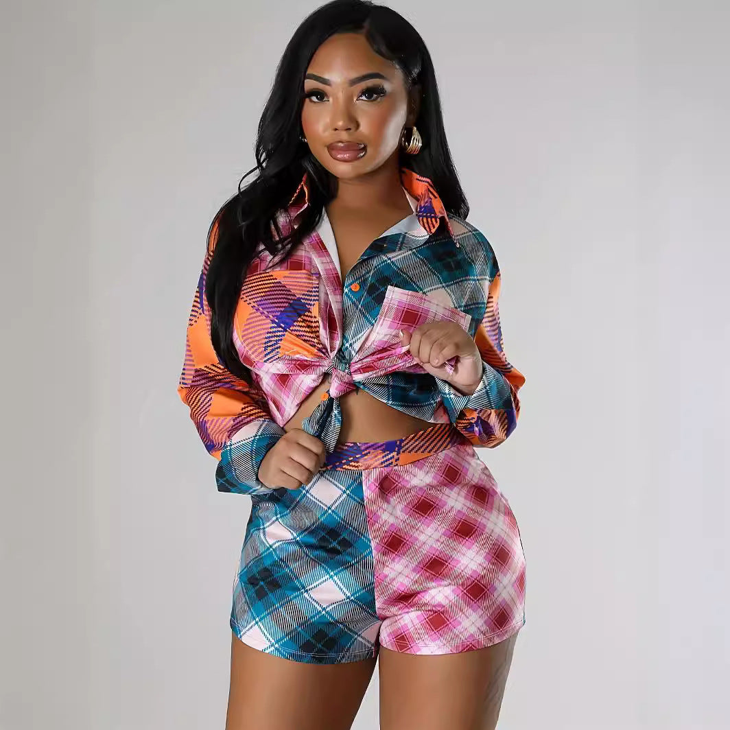 Women contrast plaid print long-sleeved shirt and shorts two-piece set 7