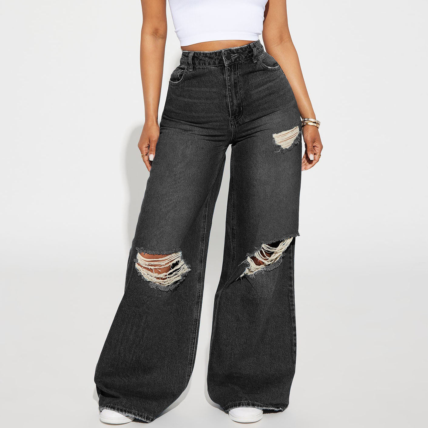 Autumn Winter Ripped Wide-Leg Denim Pants 5