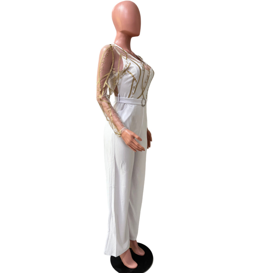 Women's Mesh See-Through Embroidery Patchwork Sexy Jumpsuit (Includes Belt) 20