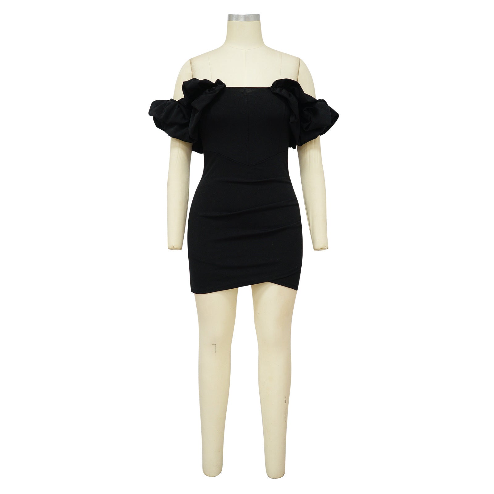 Fashion Ladies Solid Color Petal Sleeves Sexy Slim Waist Herringbone Dress 16