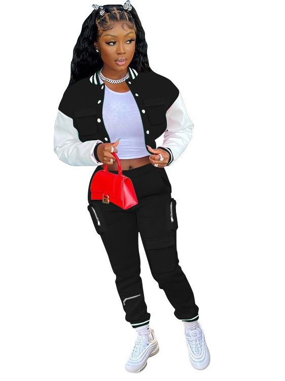 Women's Fall/Winter Casual Cargo Style Color Block Baseball Jacket Sweatpants Sports Two Piece Set 8