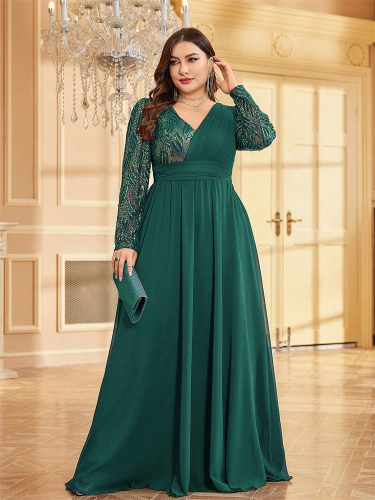 Plus Size Women sequin patchwork formal party fishtail maxi long sleeve evening dress 11