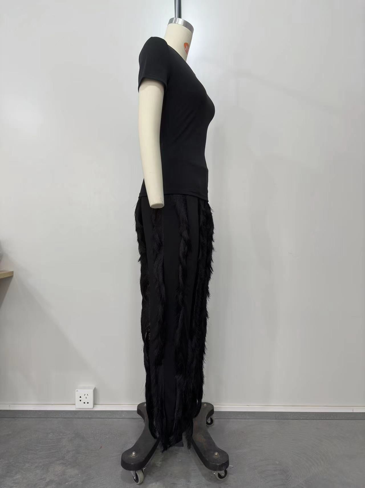 Ladies Suit Tassel Lace Fashion Multicolor Spring Summer Solid Color Sports Top + Pants Set 18