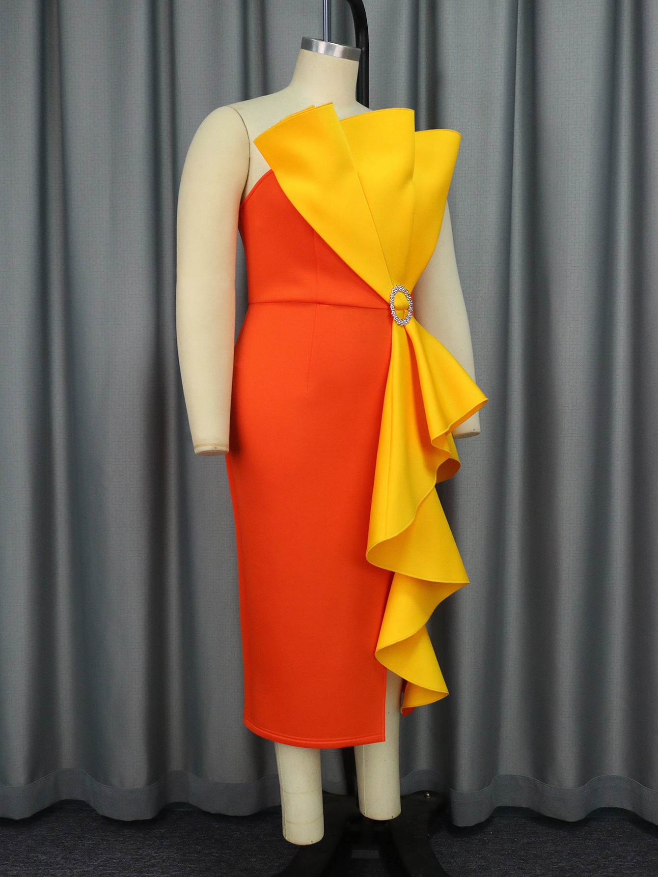 Women Contrast Color Ruffle Formal Party Strapless Dress 4