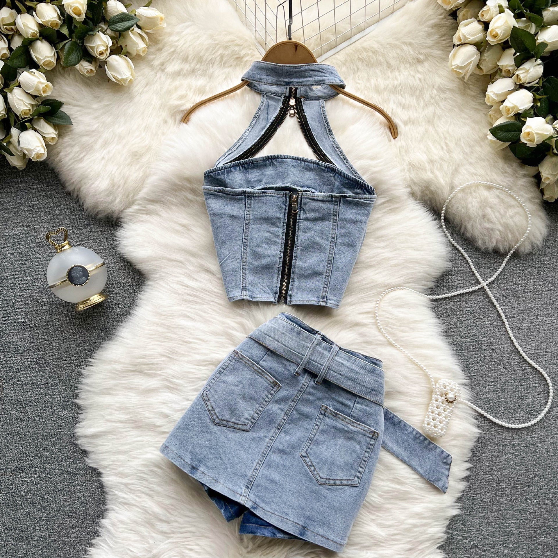 Women's Summer Halter Neck Crop Top Mini Skirt Two-Piece Denim Set 3