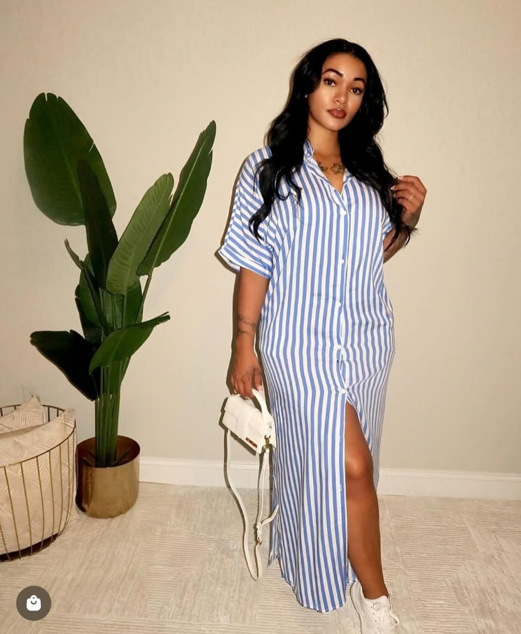 Striped shirt loose long dress