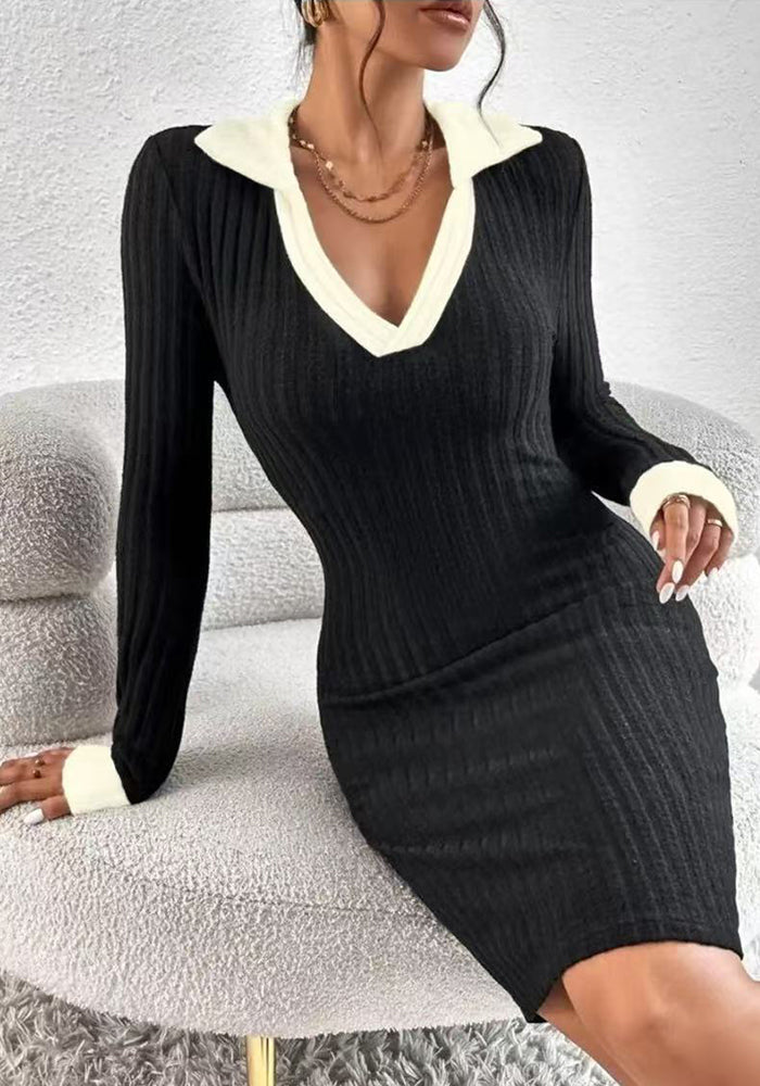 Autumn Casual Chic V-Neck Color Block Slim Fit Stretchy Knit Bodycon Dress