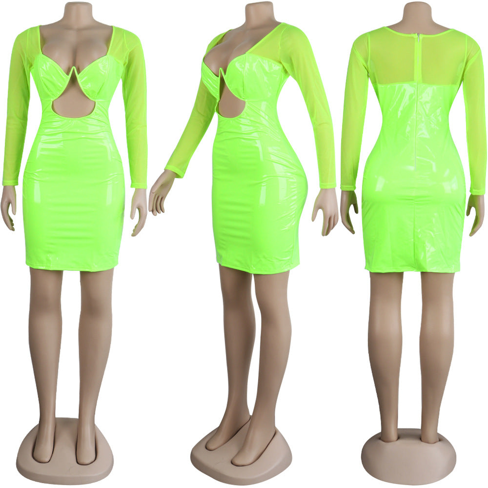 Sexy Women's Solid Color Mesh Leather Patchwork Hollow Long Sleeve Party Dress 6