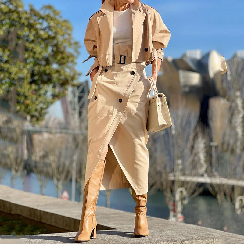 Autumn Versatile Casual Chic Button Belt  Cargo Suit Two Piece Skirt Set