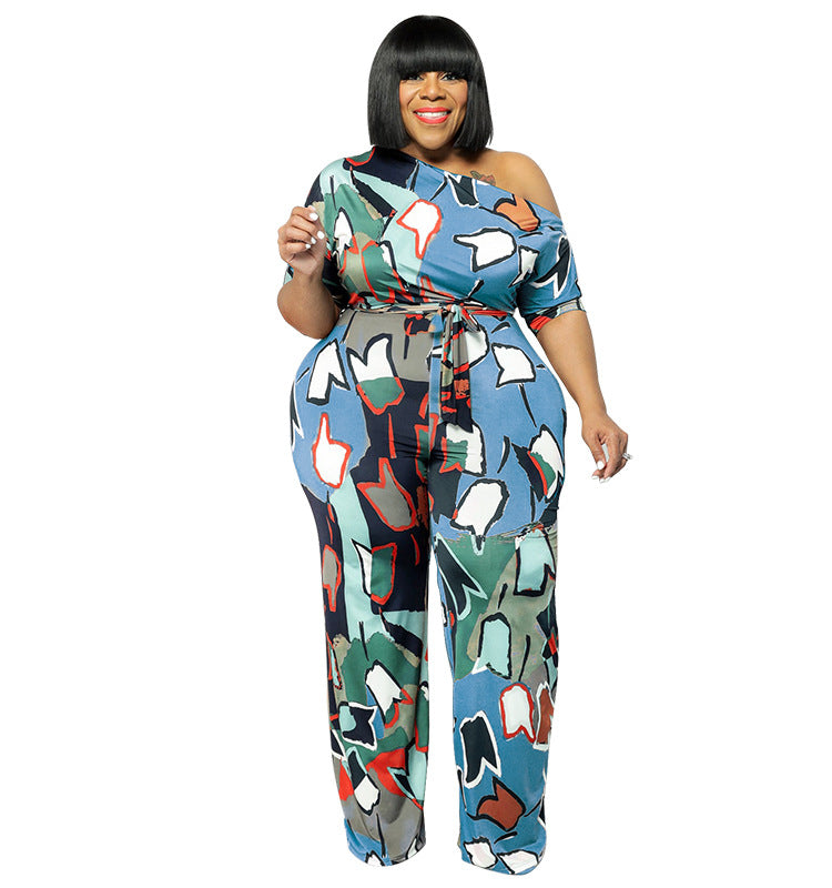 Plus Size Women summer Slash Shoulder print Jumpsuit with belt 14
