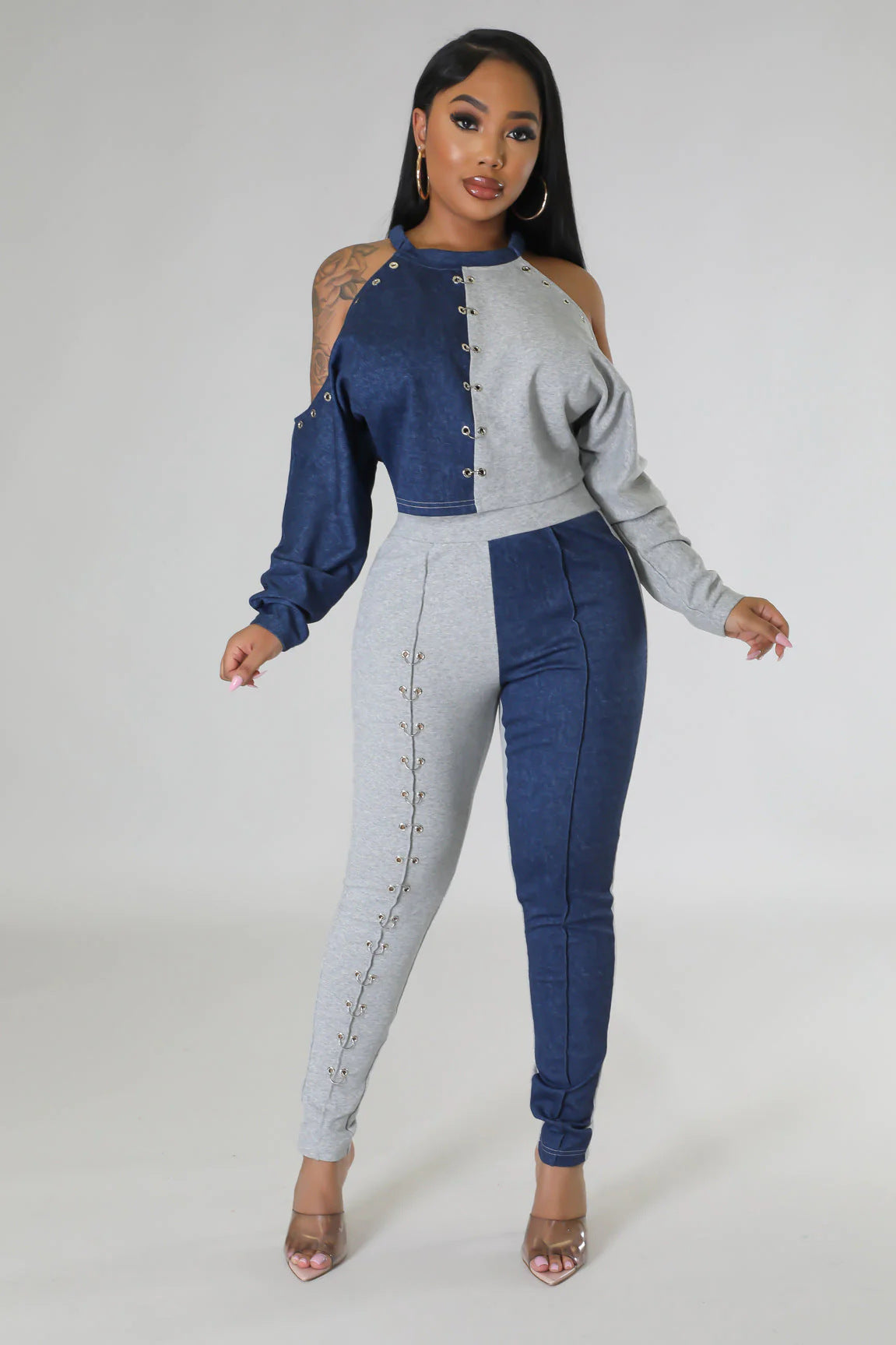 Women's Fall Shoulder Cutout Top Colorblock Metallic Trousers Casual Two Piece Set 7