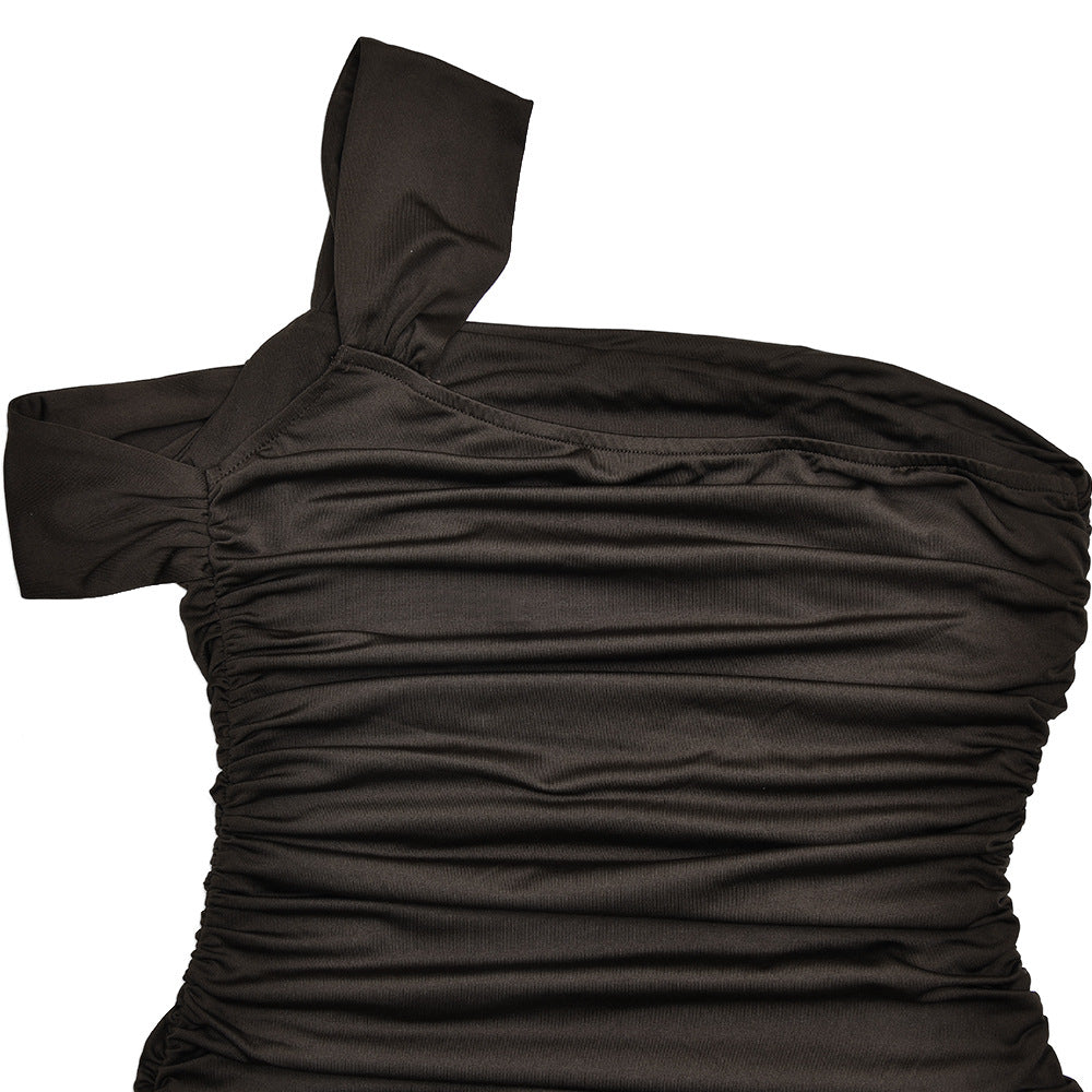 Summer Trendy Sexy Slash-Shoulder Slit Solid Color Ruched Sleeveless Maxi Dress 17