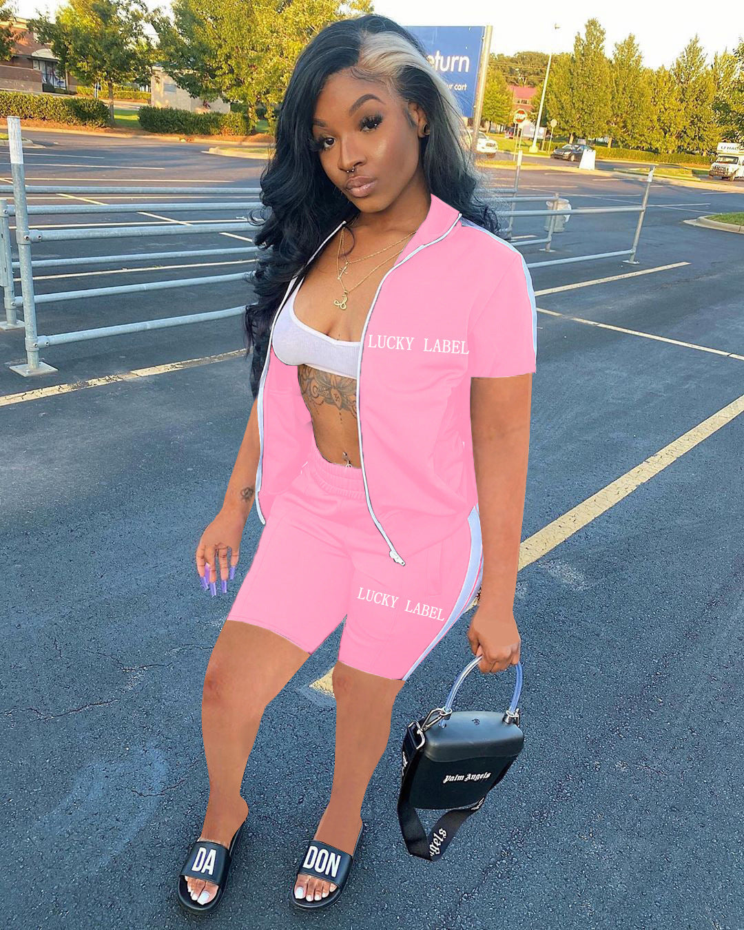 Women's Fashion Letter Embroidery Zipper Sports Two-Piece Shorts Set