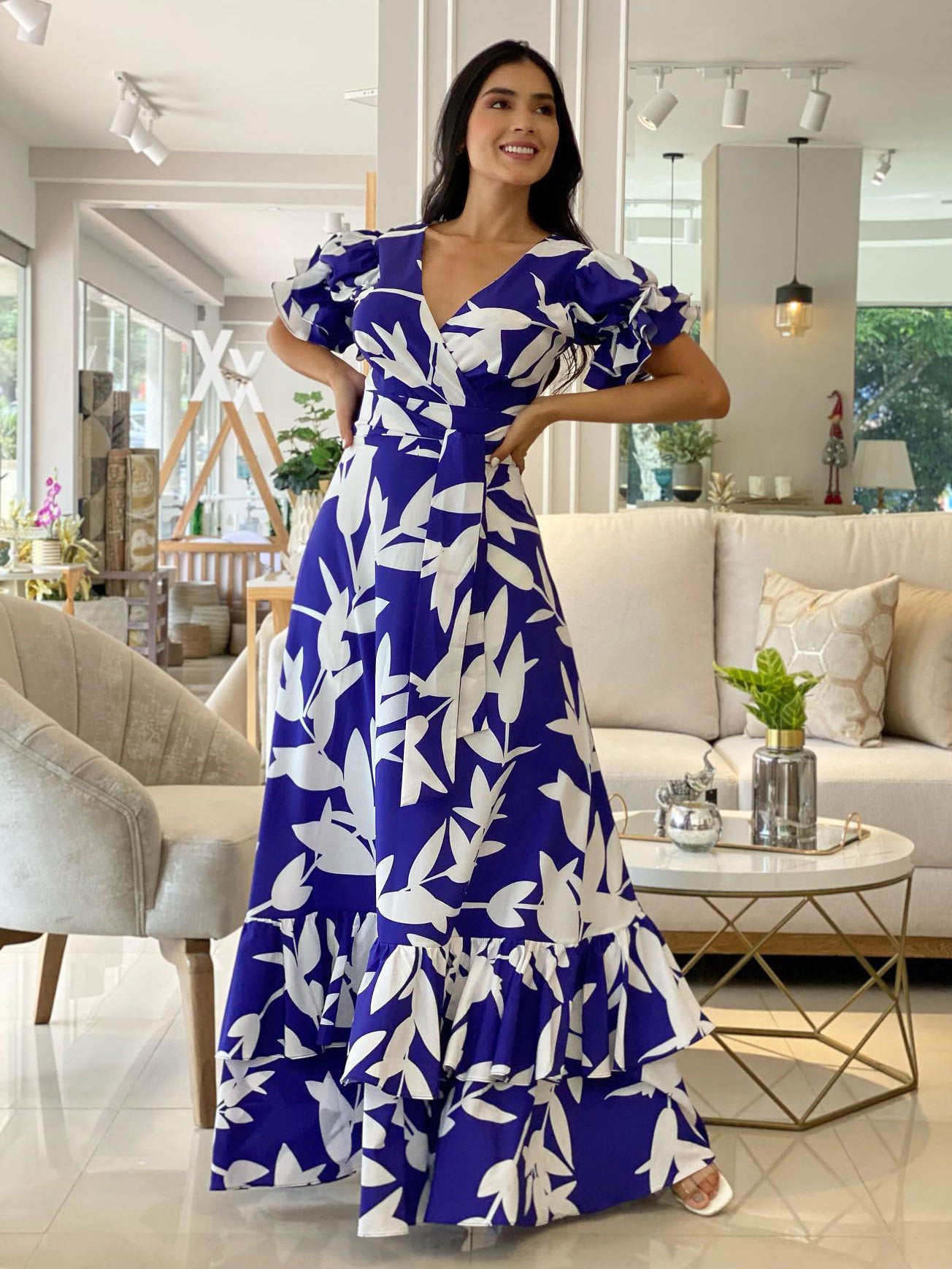 Women Chic V Neck Tie Elegant Print Ruffle Edge Long Skirt