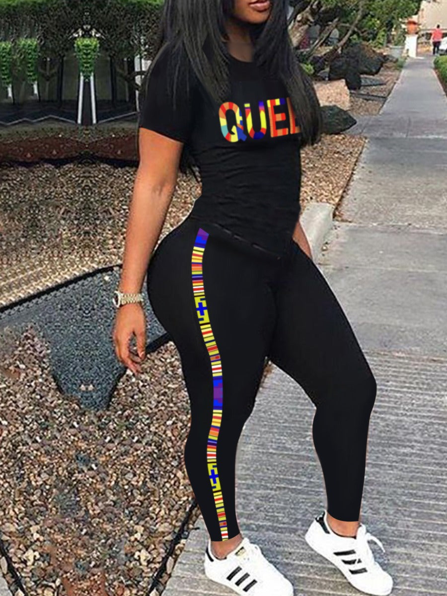 Casual Letter Print Short Sleeve Loungewear Stripe Two-Piece Pants Set For Women 11