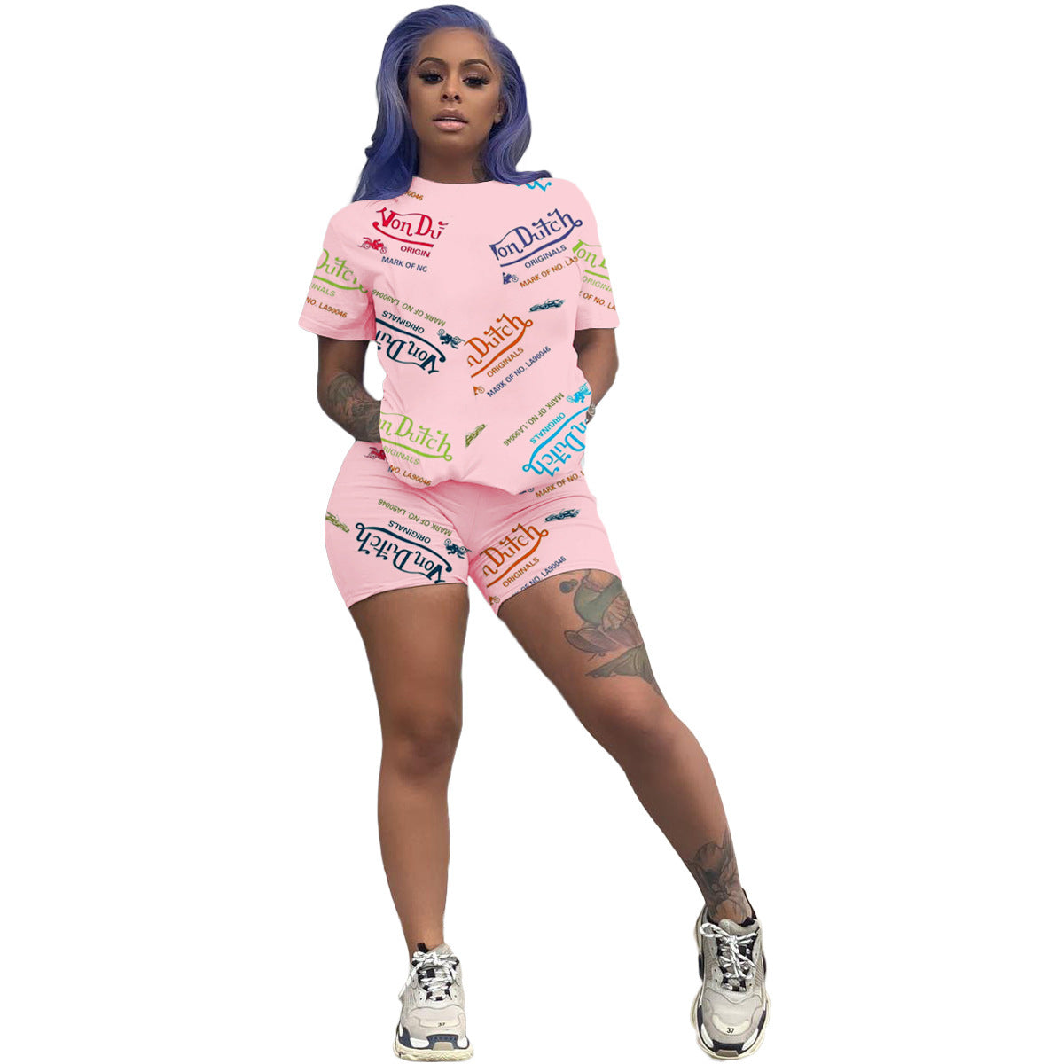 Women Sexy Letter Print Round Neck Short Sleeve Top and Shorts Two Piece Set 15