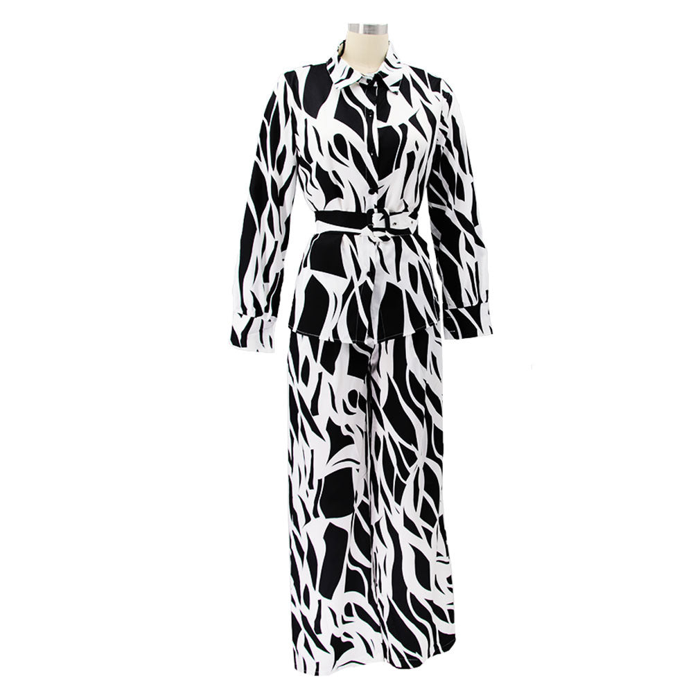 Women Irregular Printed Shirt and PantCasual Two-piece Set including Belt 15