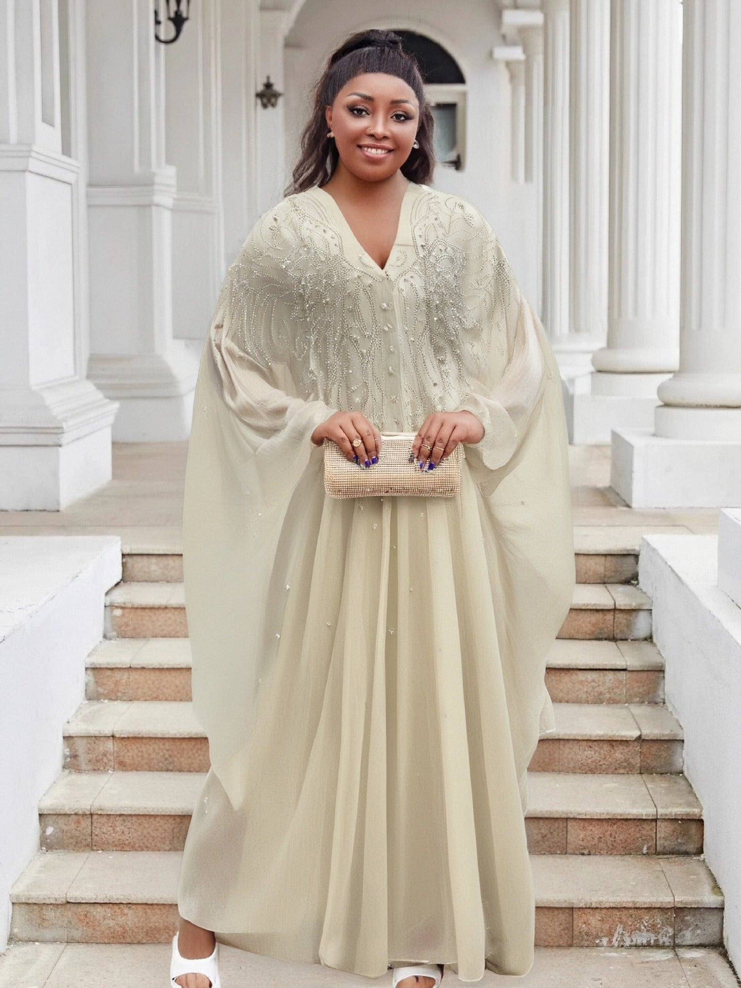 Women Bat Sleeves See-Through Mesh Beaded Beaded Cape Hooded Cape Dress 11