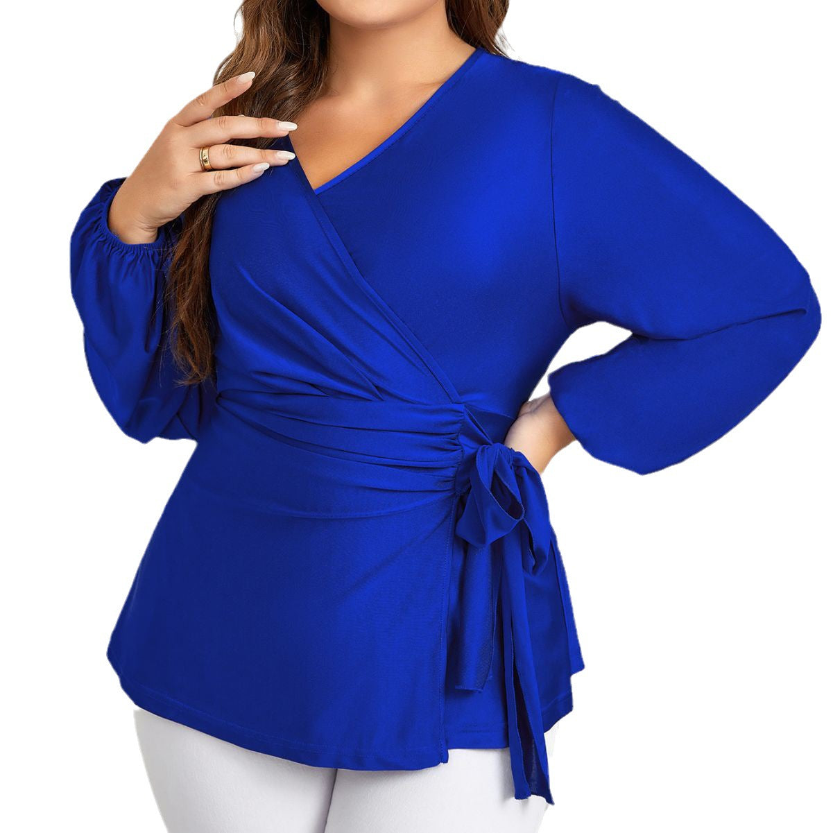 Plus Size Women Autumn V-neck Lace-up Long Sleeve Shirt 6
