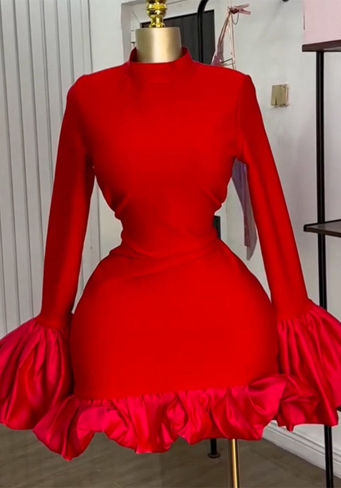 Women Spring Elegant Half-High Neck Bell Bottom Sleeve Ruffle Bodycon Dress