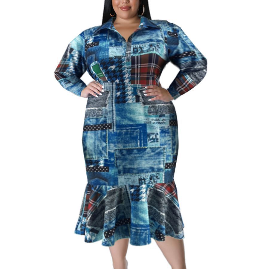 Plus Size Fall Women's Collared Open Long Sleeve Dress 9