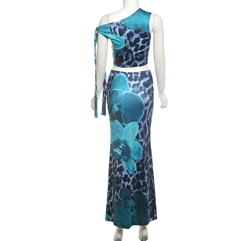 Women Summer Style Sleeveless Contrast Leopard Flower Print Crop Top and Skirt Two-Piece Set 7