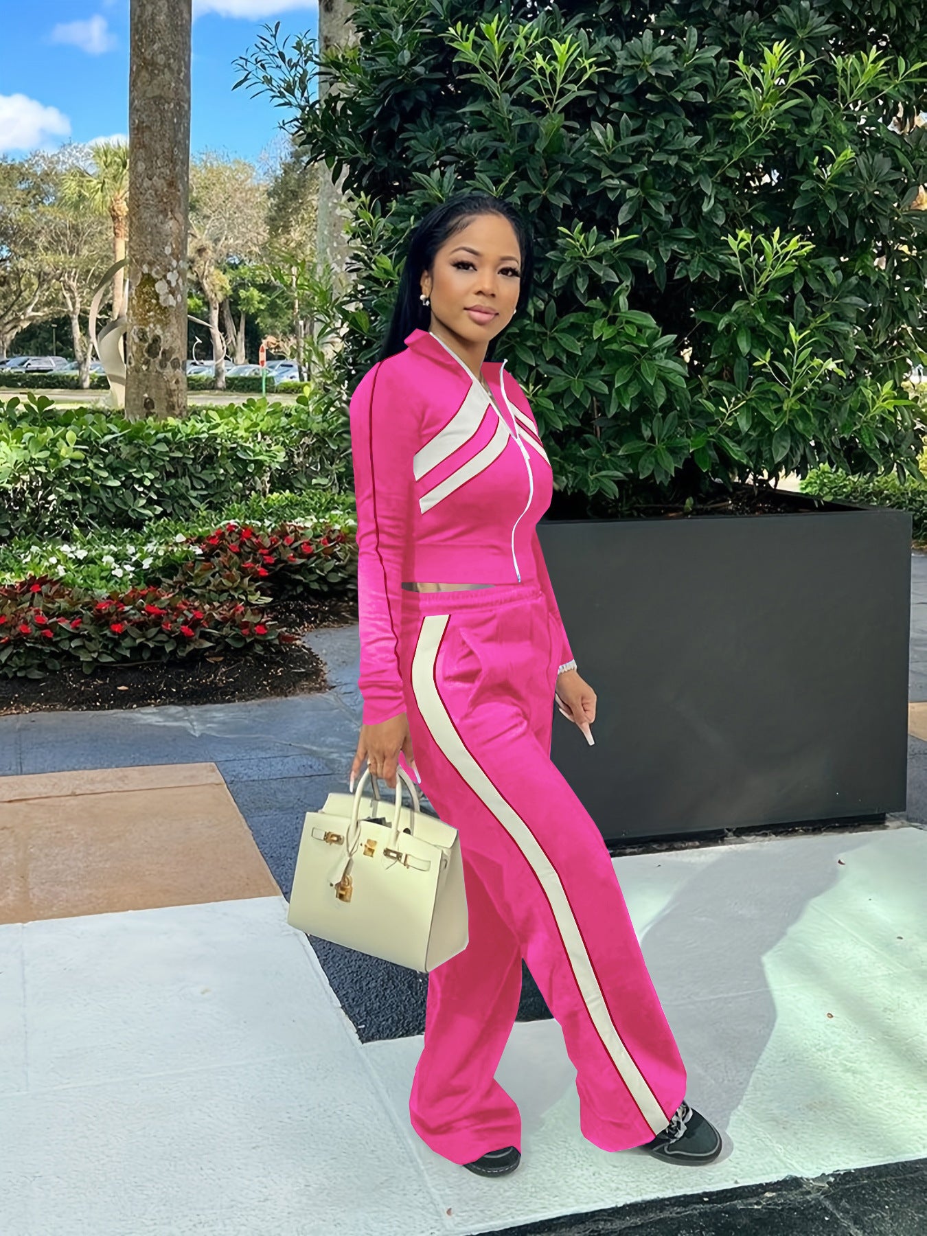 Women Style Street Zipper Contrast Patchwork Top and Pant Set 11