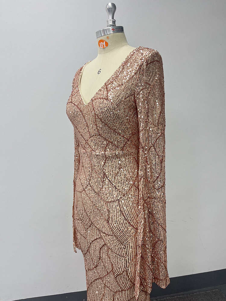Women's V Neck Slit Long Sleeves Fully Lined Formal Party Mermaid Glitter Evening Dress 11