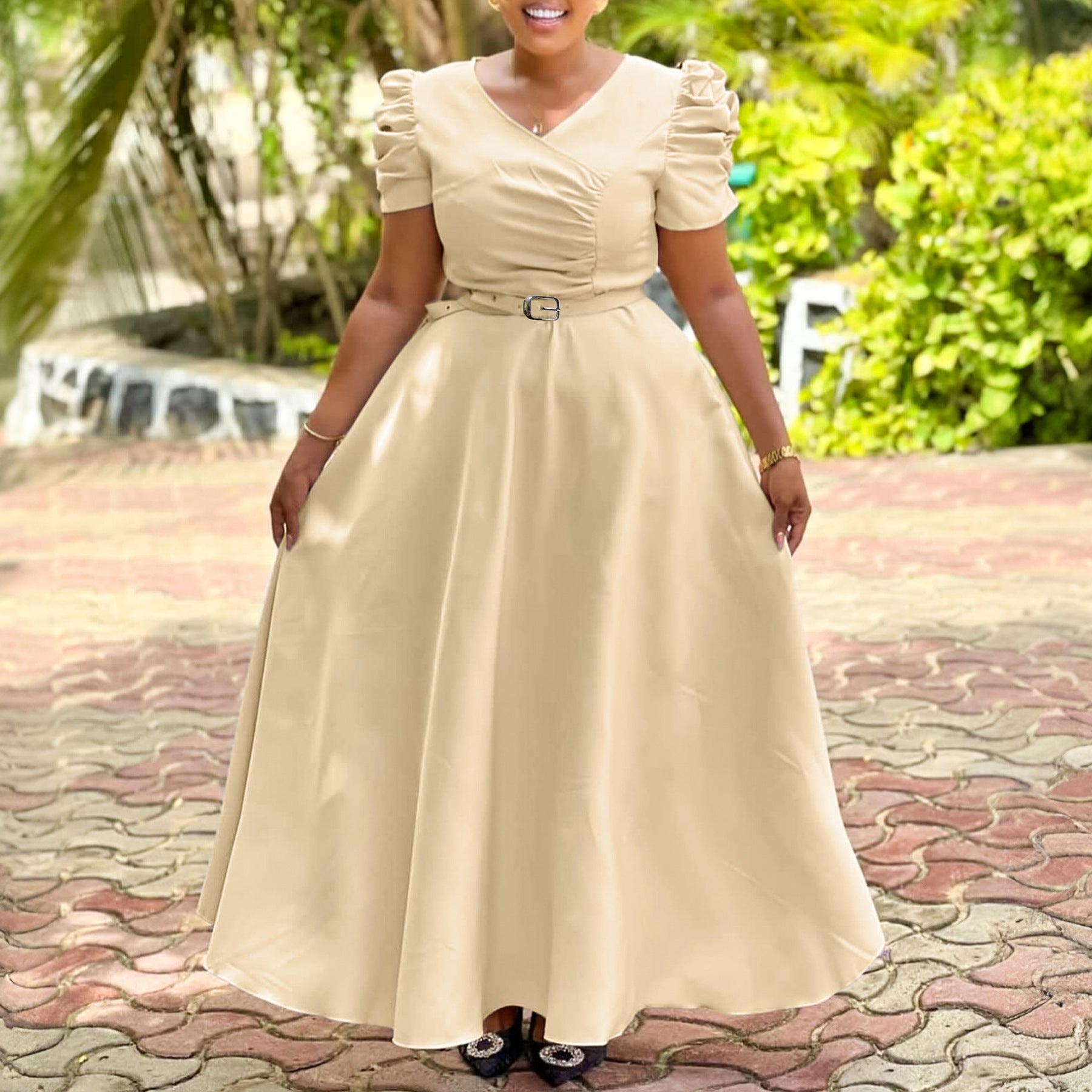 Elegant V-Neck Short Sleeve Solid Color High-Waist Swing Long Dress 6