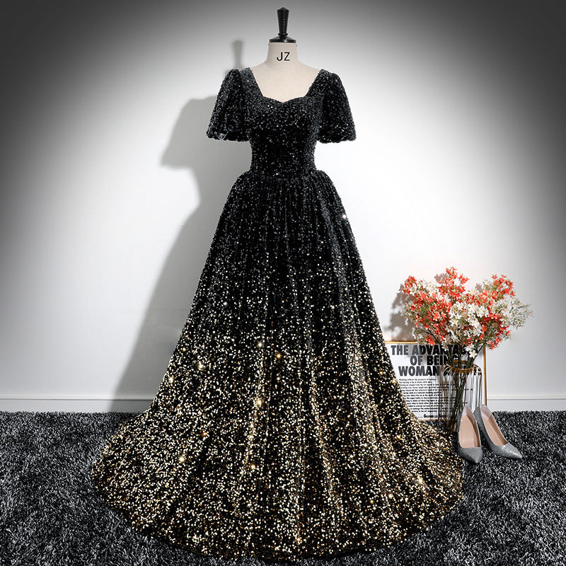 Luxury Sequin Puff Short Sleeve A-Line Luxury Evening Dress（Processing time need 3-6 days） 5