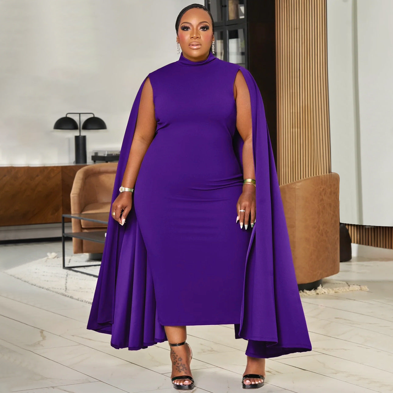 Plus Size African Women Solid Round Neck Patchwork Bodycon Dress 4