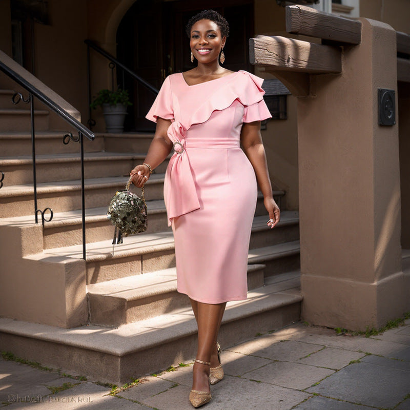 Asymmetric Neckline Ruffle Elegant Bodycon Party Dress