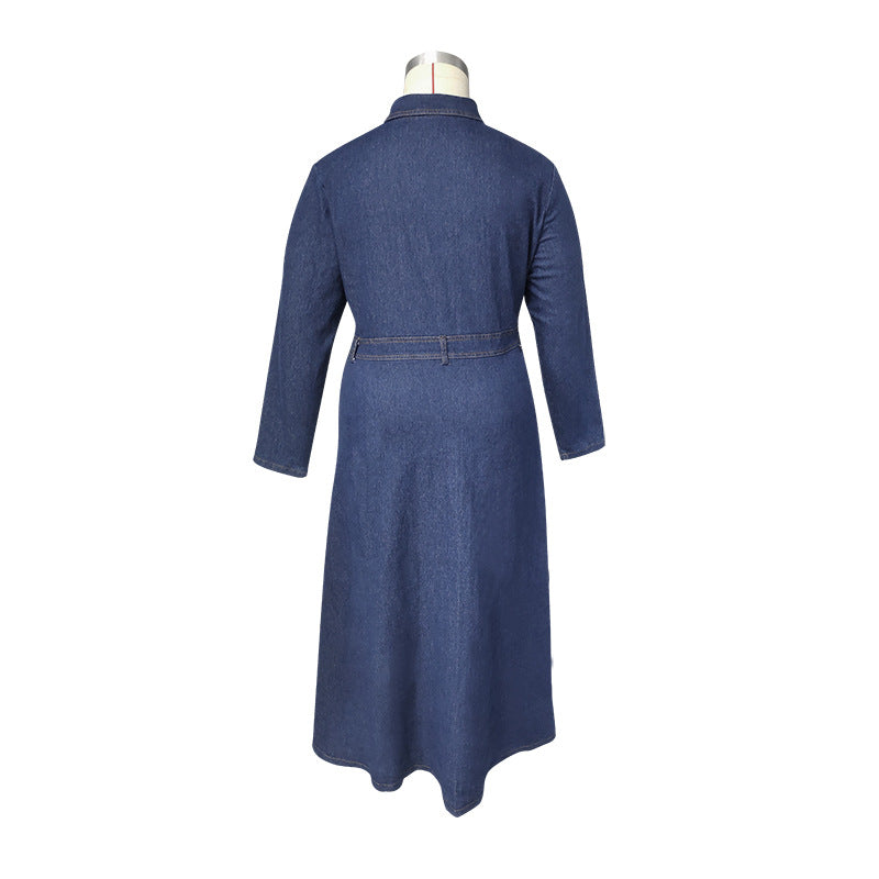Plus Size Women Women Denim Turndown Collar Long Sleeve Dress 10