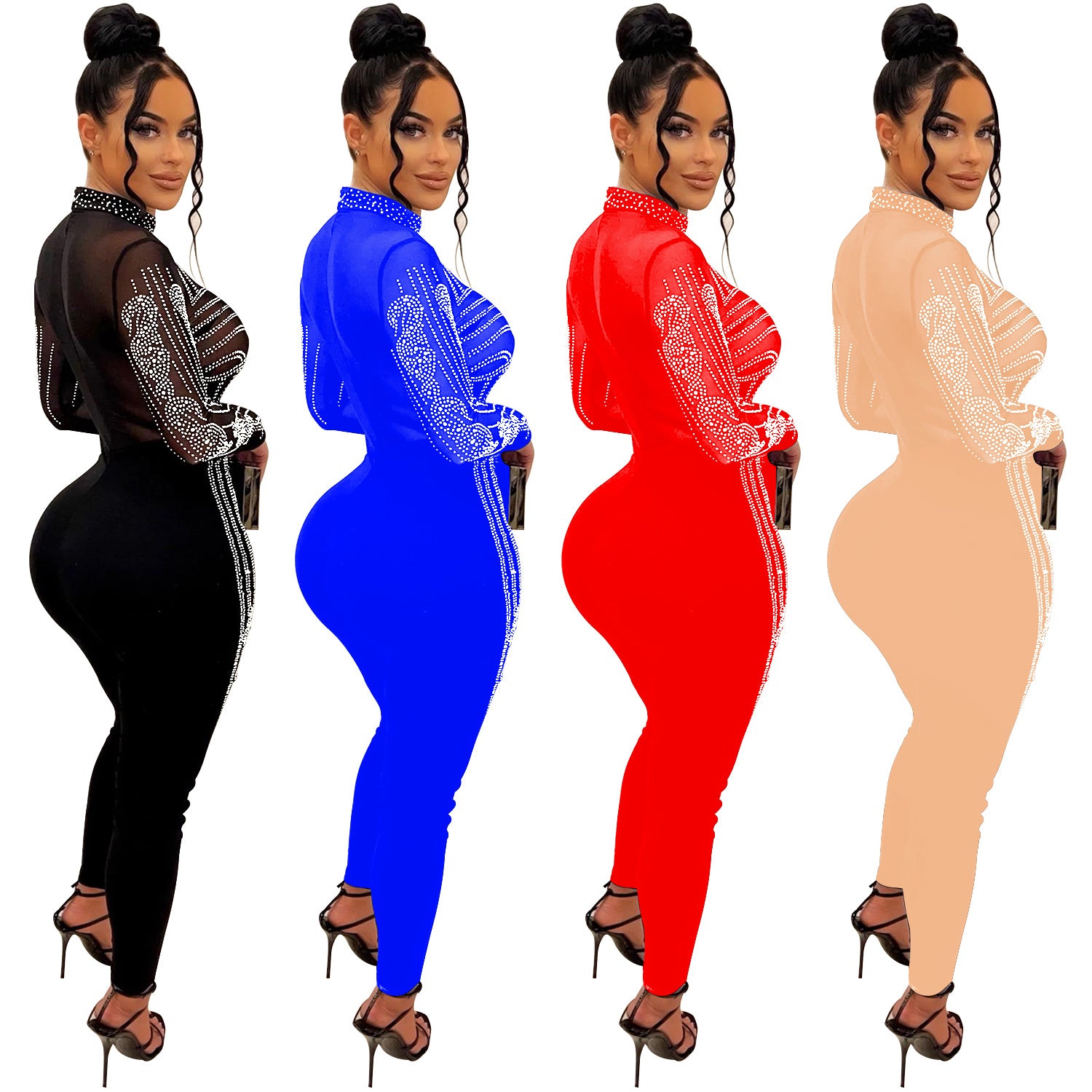 Women Solid Mesh Beaded Long Sleeve Jumpsuit 6