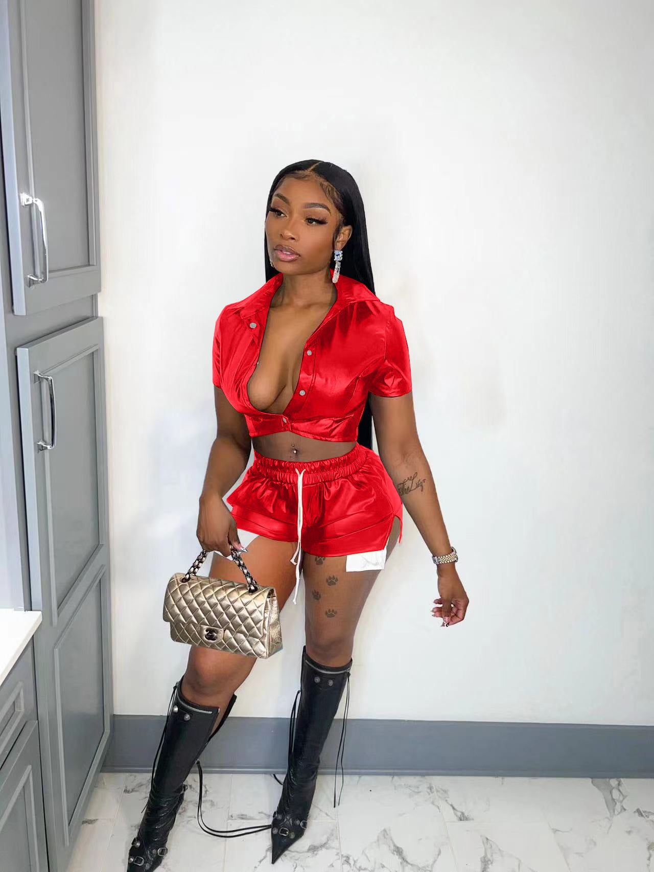 Women's Deep Pocket Slit Pu Leather Short Front Short Back Long Shorts Two-Piece Set 3