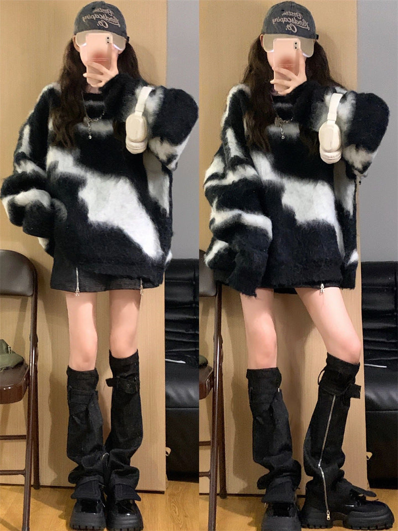 Autumn And Winter Casual Street Retro Contrasting Sweater Women's Lazy Style Knitting Shirt