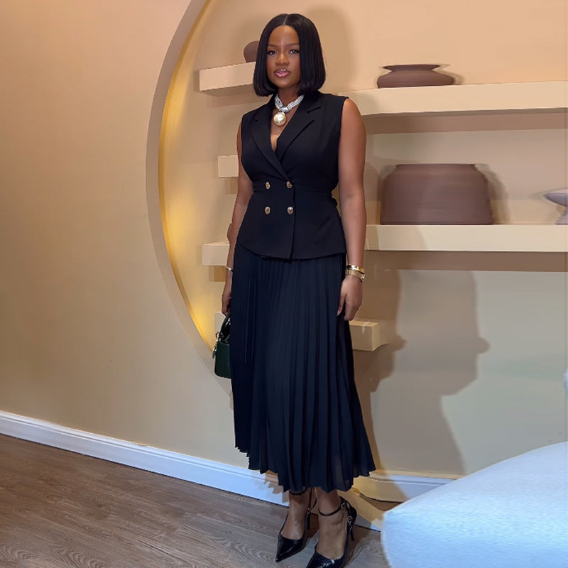 Women Summer Turndown Collar Vest And Pleated Skirt Casual Two-piece Set 3